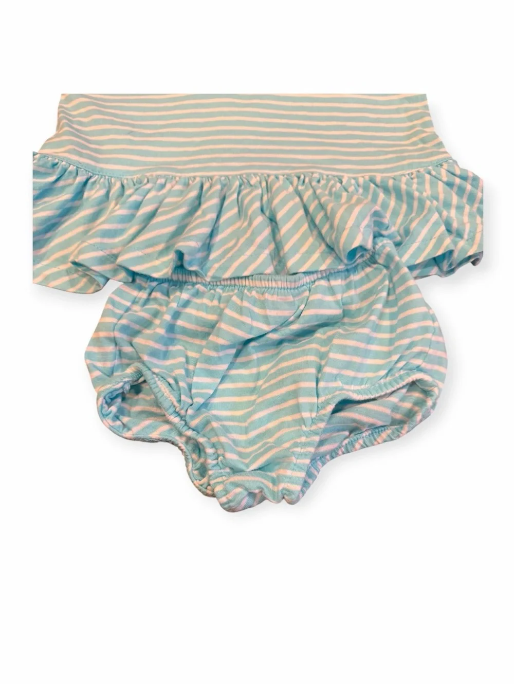 Ralph Lauren, Light Blue & White Striped Dress with Pink Trim Bloomers, Sz 6mos